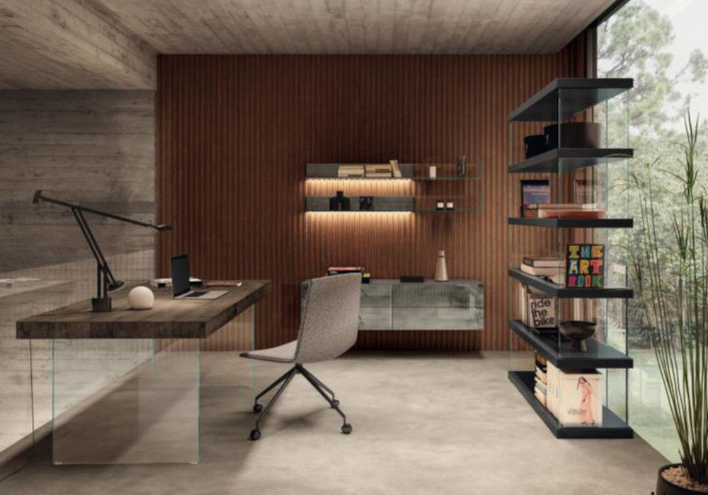 Bureau contemporain avec mur en bois nervuré, étagères design LAGO et ambiance élégante