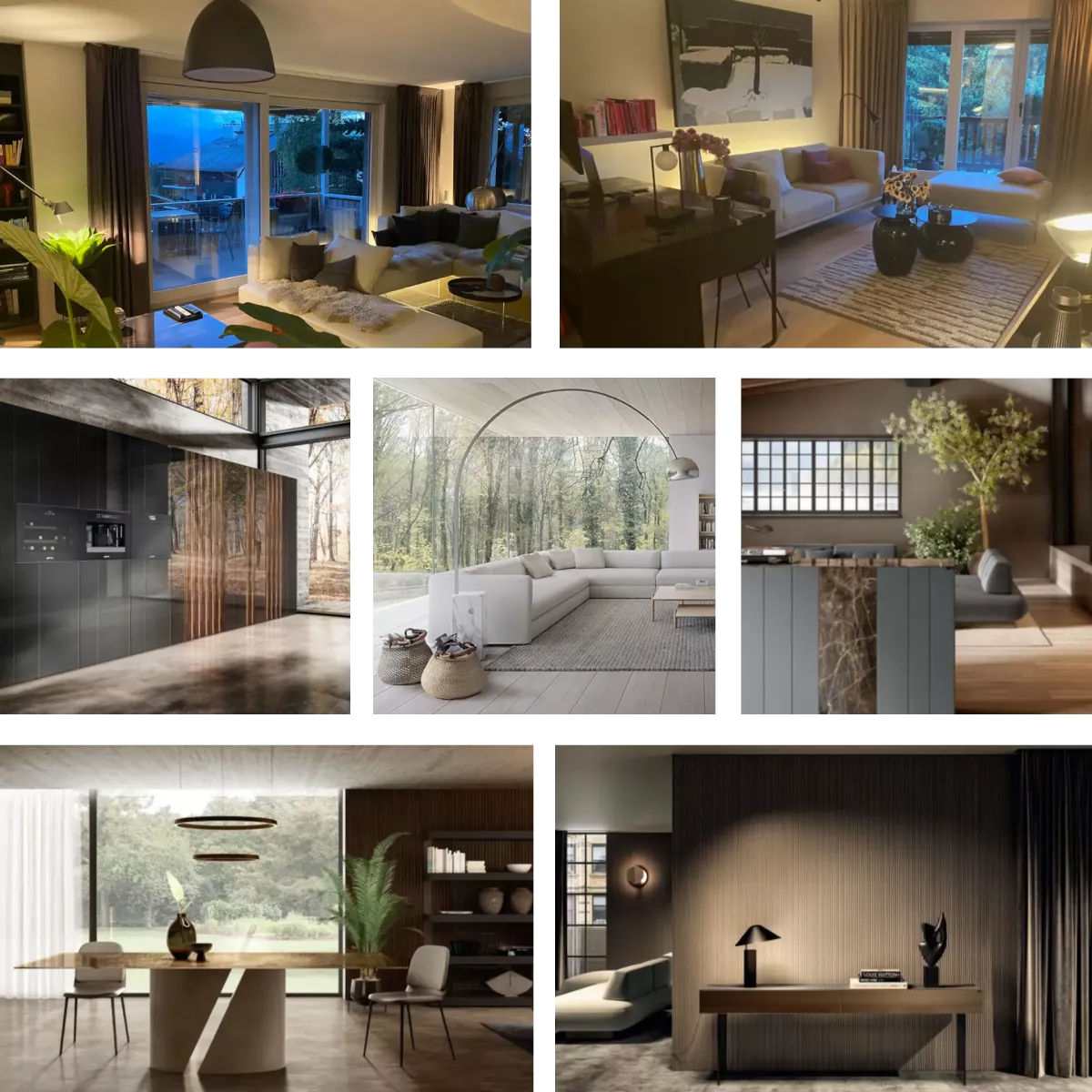 Mosaïque de projets design : intérieurs réalisés par BDB-architecture à Crans-Montana combinés à des inspirations contemporaines LAGO et Paola Lenti.